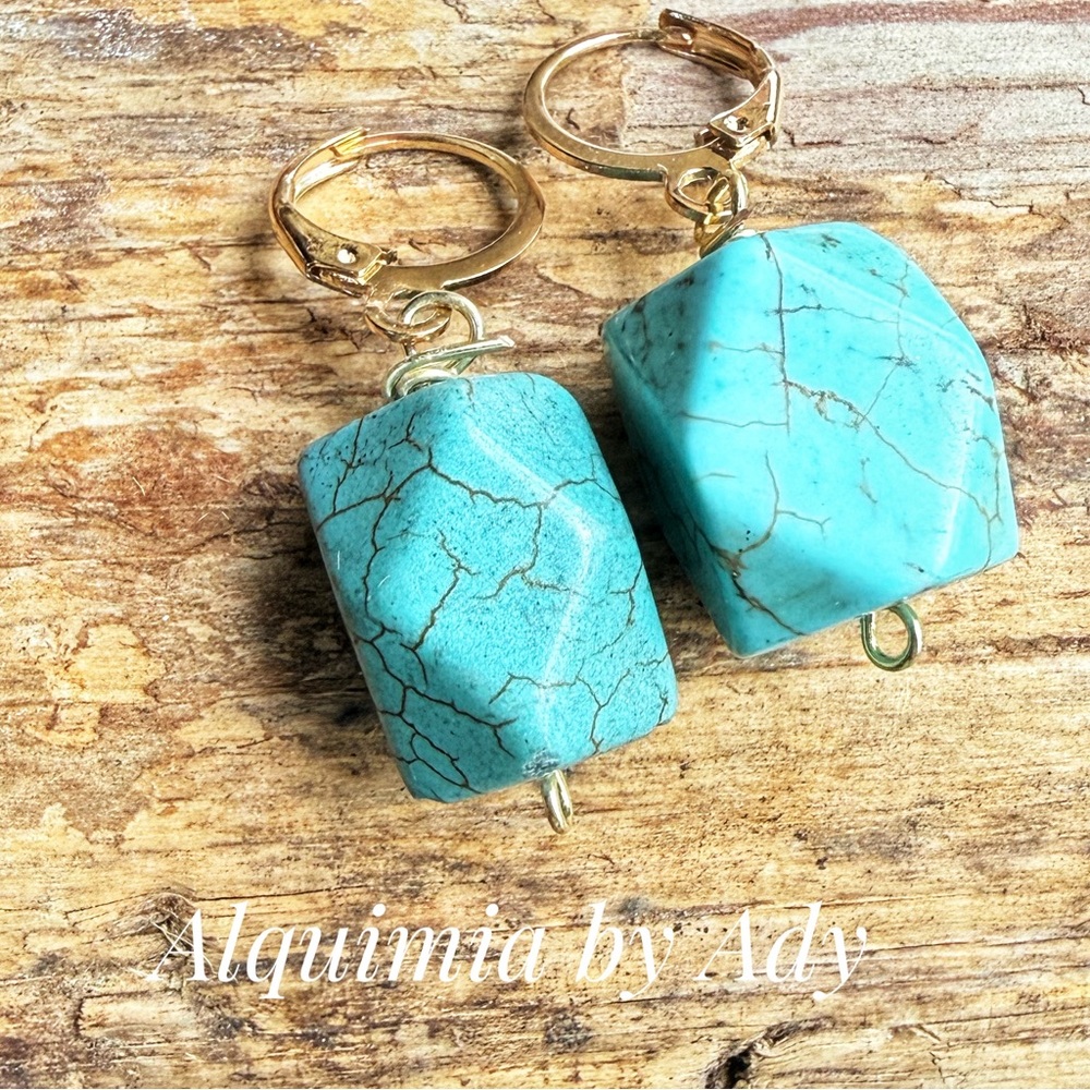 Turquoise long silver western style dangle gold coins earrings - Picture 7 of 10